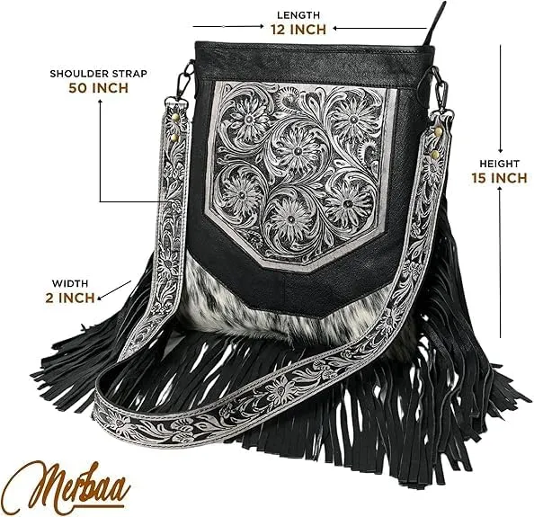 Berlin hand-carved Fringed Shoulder Bag Natural Cowhide Hand Bag with Floral Hand Tooling