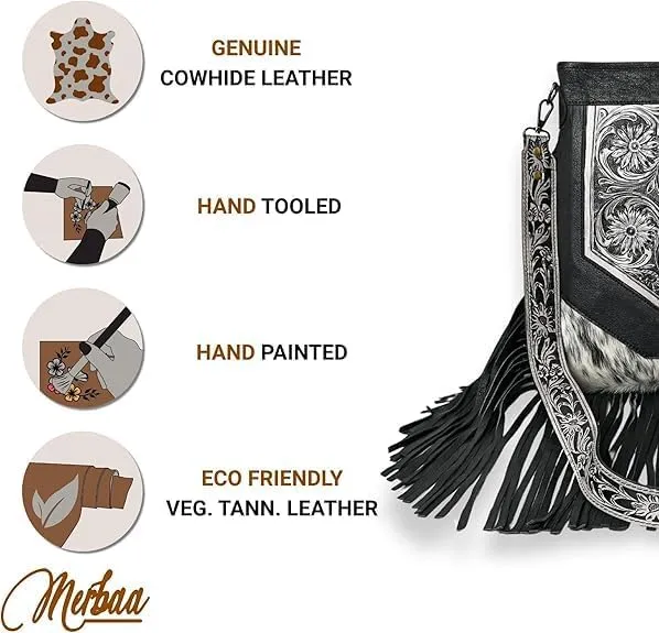 Berlin hand-carved Fringed Shoulder Bag Natural Cowhide Hand Bag with Floral Hand Tooling