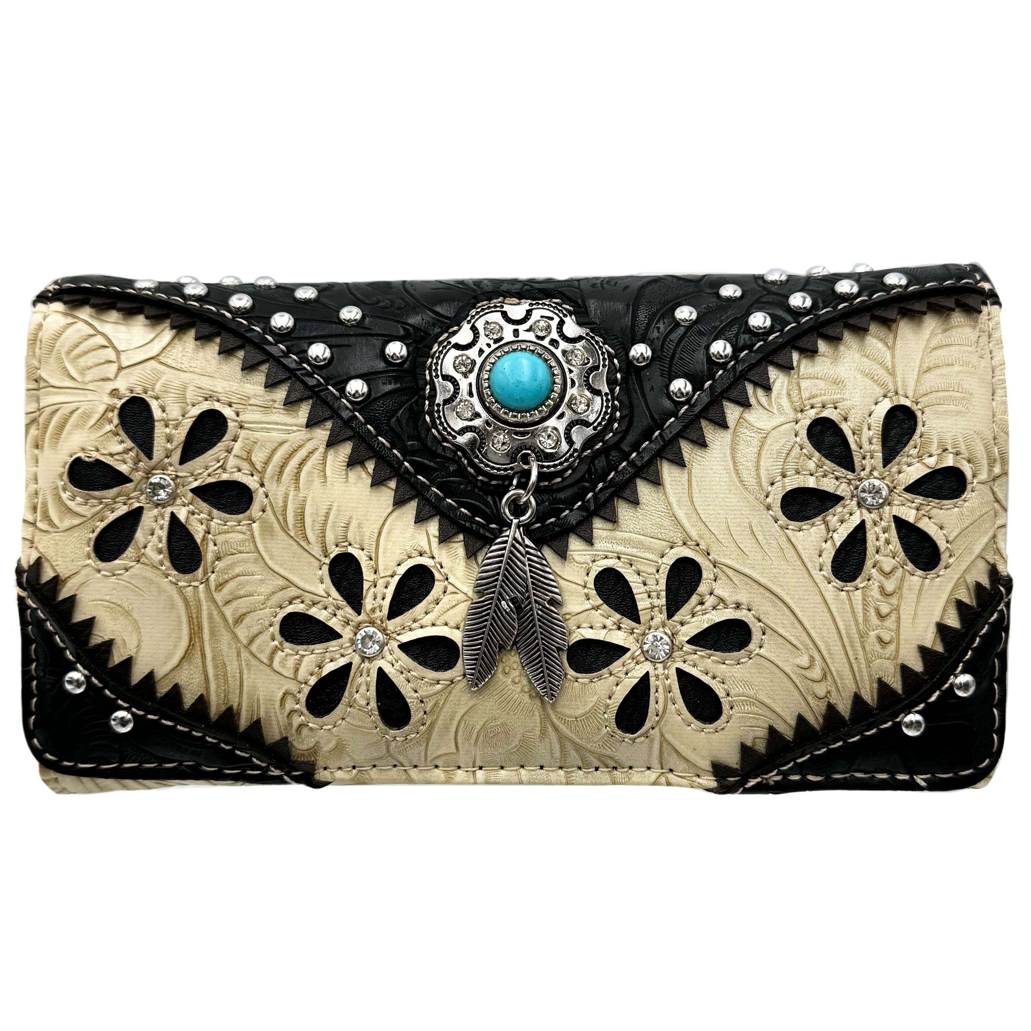 Bessie Turquoise Concho Feather Western Crossbody Wallet