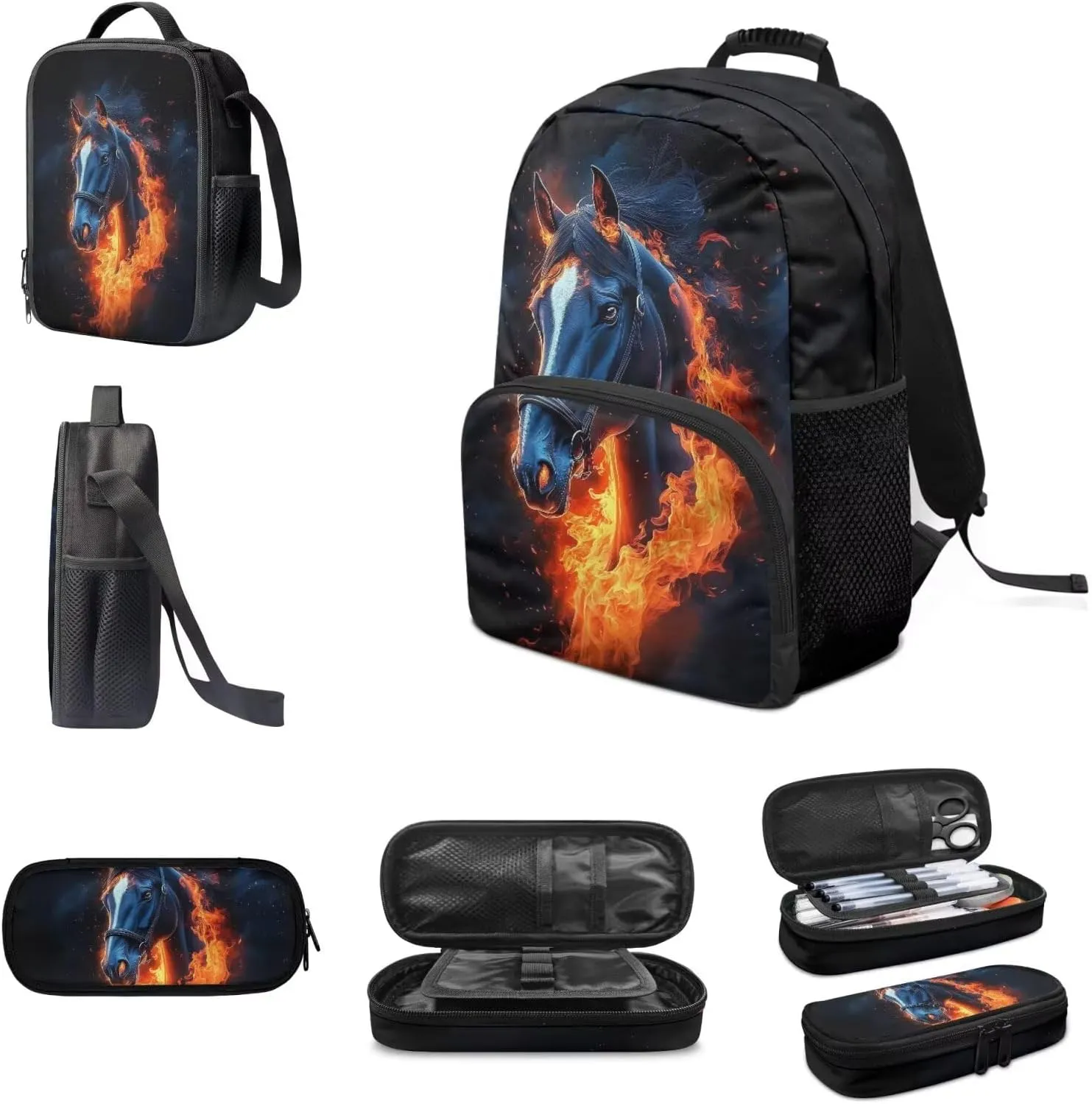 Biyejit Fire Horse Backpack for Teens Boys 11-14/10-12 Boys Backpacks for Elementary Middle School Bag Lunch Box Pencil Case Kids Bookbags 3Rd-6Th Grade Back To School Set 3 In 1