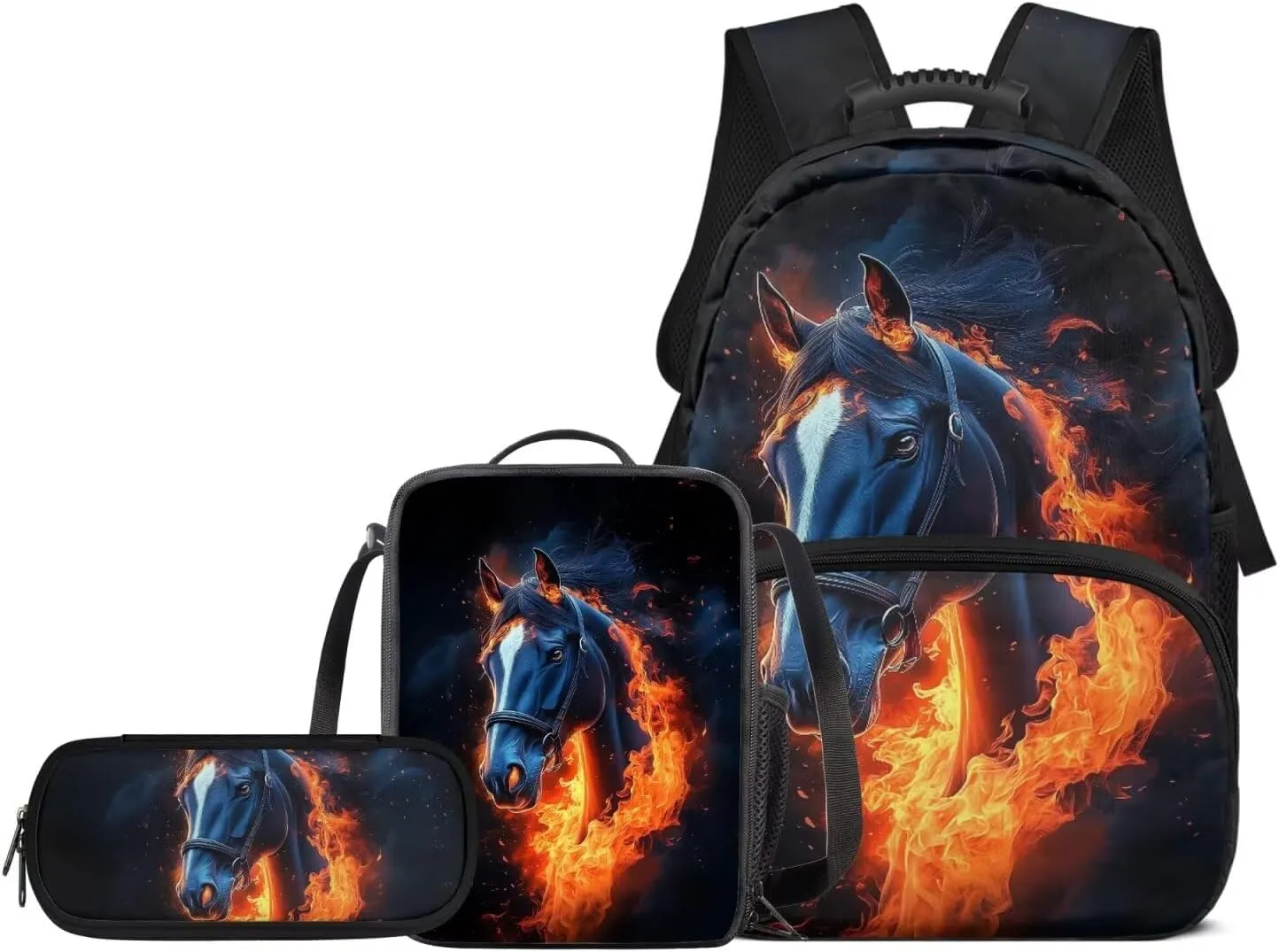 Biyejit Fire Horse Backpack for Teens Boys 11-14/10-12 Boys Backpacks for Elementary Middle School Bag Lunch Box Pencil Case Kids Bookbags 3Rd-6Th Grade Back To School Set 3 In 1