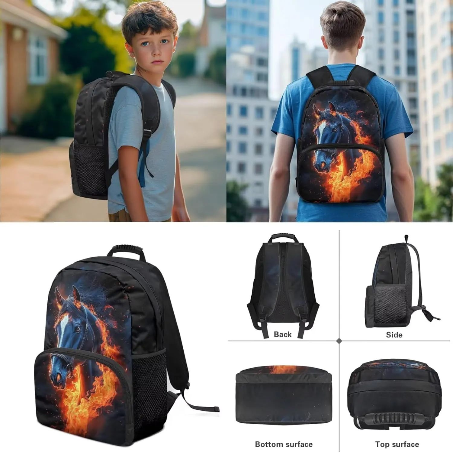 Biyejit Fire Horse Backpack for Teens Boys 11-14/10-12 Boys Backpacks for Elementary Middle School Bag Lunch Box Pencil Case Kids Bookbags 3Rd-6Th Grade Back To School Set 3 In 1