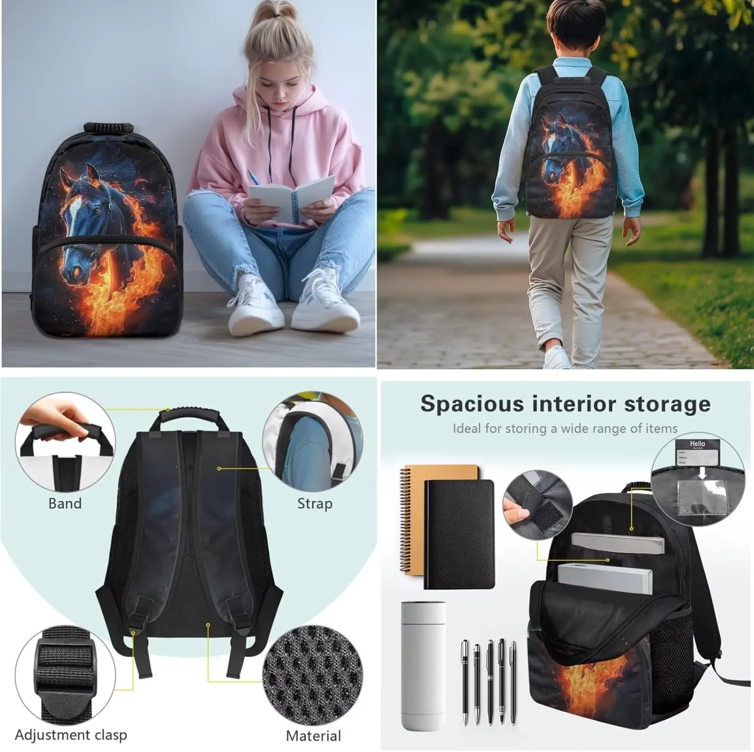 Biyejit Fire Horse Backpack for Teens Boys 11-14/10-12 Boys Backpacks for Elementary Middle School Bag Lunch Box Pencil Case Kids Bookbags 3Rd-6Th Grade Back To School Set 3 In 1