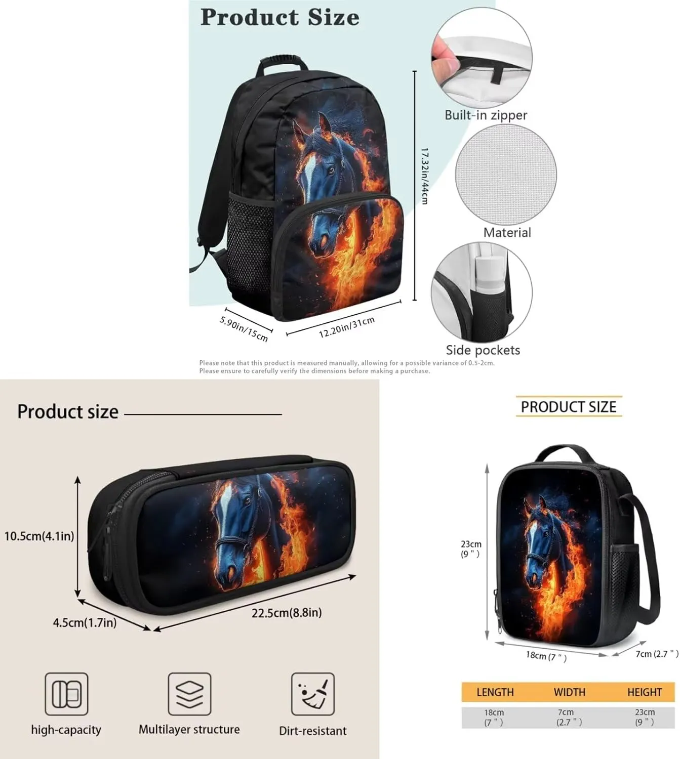Biyejit Fire Horse Backpack for Teens Boys 11-14/10-12 Boys Backpacks for Elementary Middle School Bag Lunch Box Pencil Case Kids Bookbags 3Rd-6Th Grade Back To School Set 3 In 1