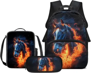 Biyejit Fire Horse Backpack for Teens Boys 11-14/10-12 Boys Backpacks for Elementary Middle School Bag Lunch Box Pencil Case Kids Bookbags 3Rd-6Th Grade Back To School Set 3 In 1