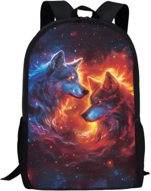 Biyejit Wolf Backpack for Girls Boys Animal Bookbag Blue Red Flame Wolf School Travel Laptop Shoulder Bag Large Capacity Casual Daypack Middle High School Bag
