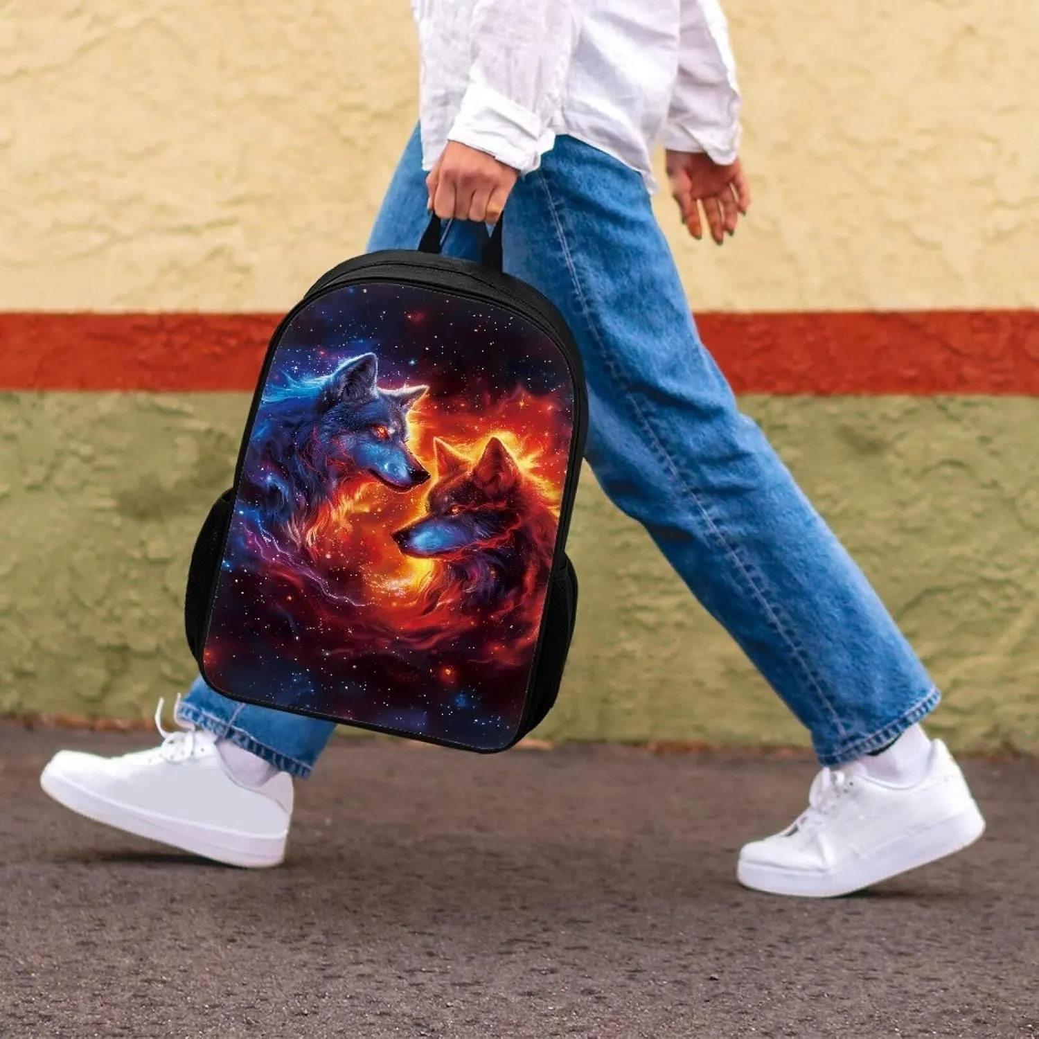 Biyejit Wolf Backpack for Girls Boys Animal Bookbag Blue Red Flame Wolf School Travel Laptop Shoulder Bag Large Capacity Casual Daypack Middle High School Bag