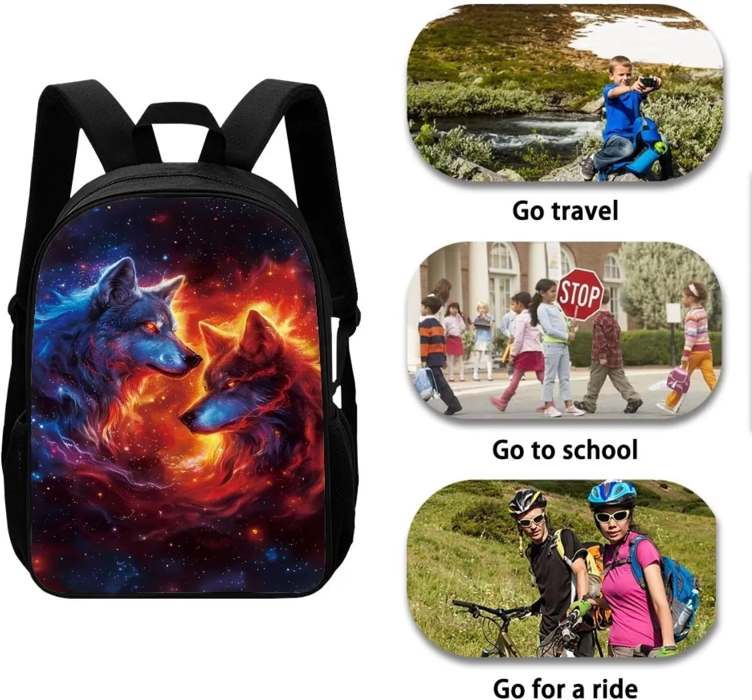Biyejit Wolf Backpack for Girls Boys Animal Bookbag Blue Red Flame Wolf School Travel Laptop Shoulder Bag Large Capacity Casual Daypack Middle High School Bag