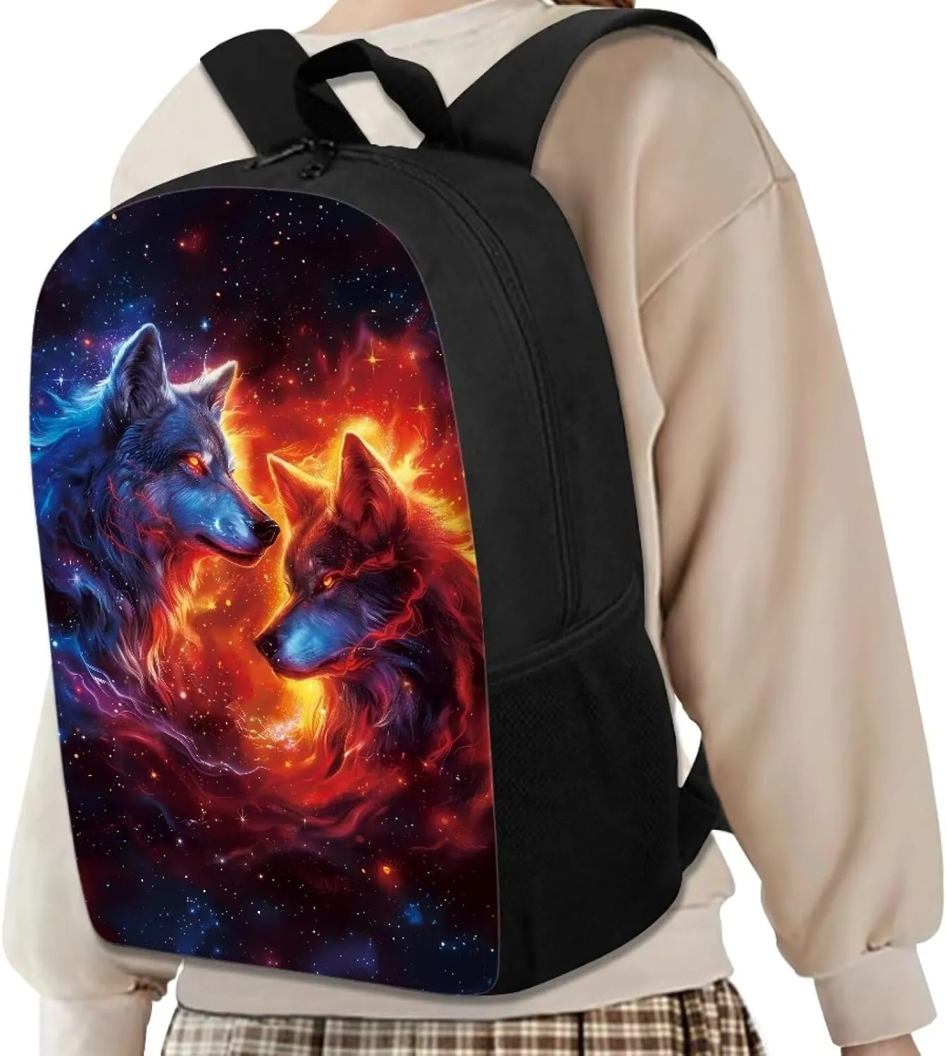 Biyejit Wolf Backpack for Girls Boys Animal Bookbag Blue Red Flame Wolf School Travel Laptop Shoulder Bag Large Capacity Casual Daypack Middle High School Bag