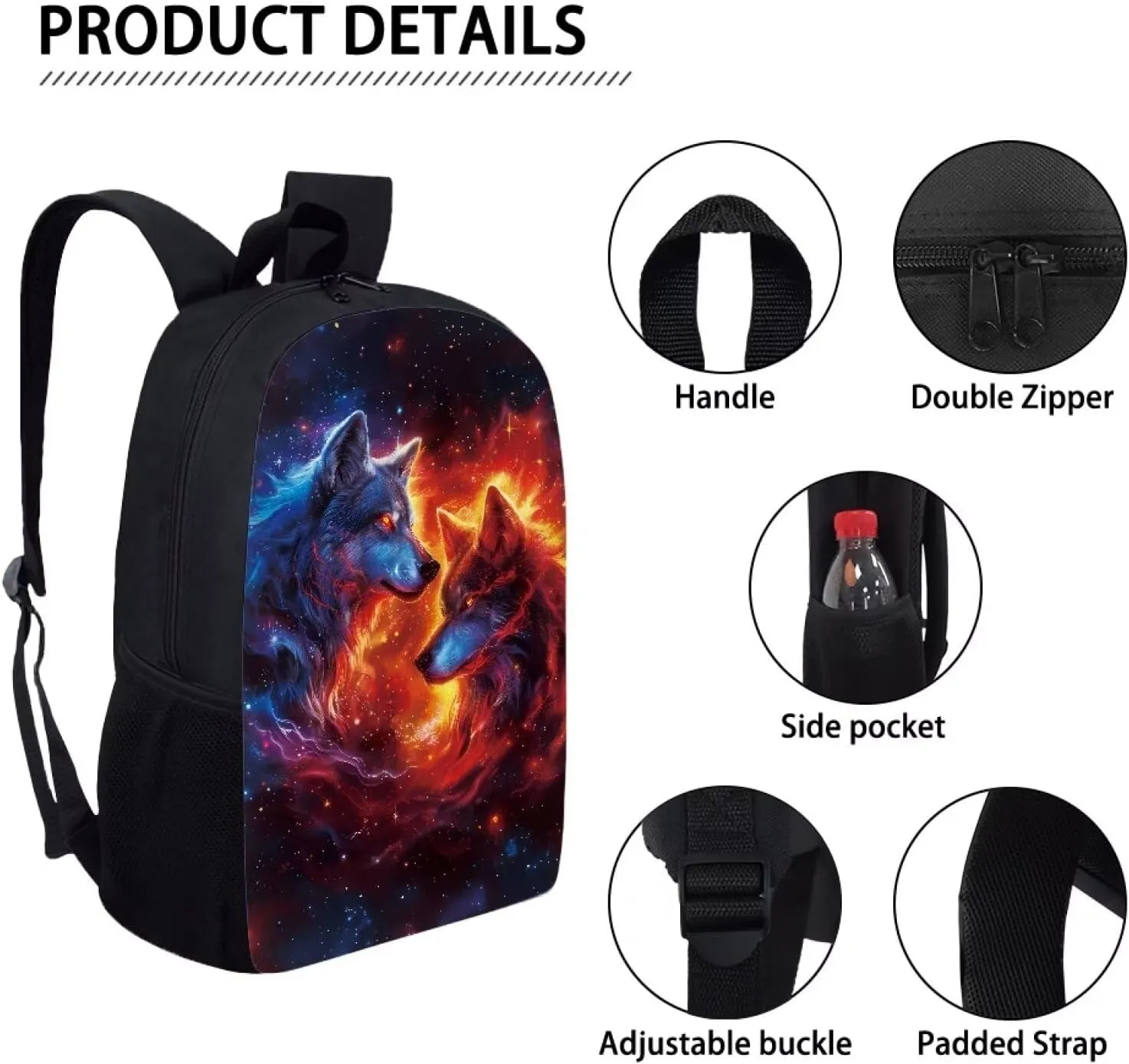 Biyejit Wolf Backpack for Girls Boys Animal Bookbag Blue Red Flame Wolf School Travel Laptop Shoulder Bag Large Capacity Casual Daypack Middle High School Bag