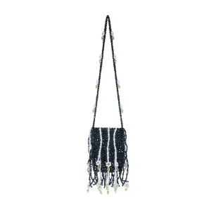 Black and White Beaded Daisy Detailed Crossbody Bead Bag
