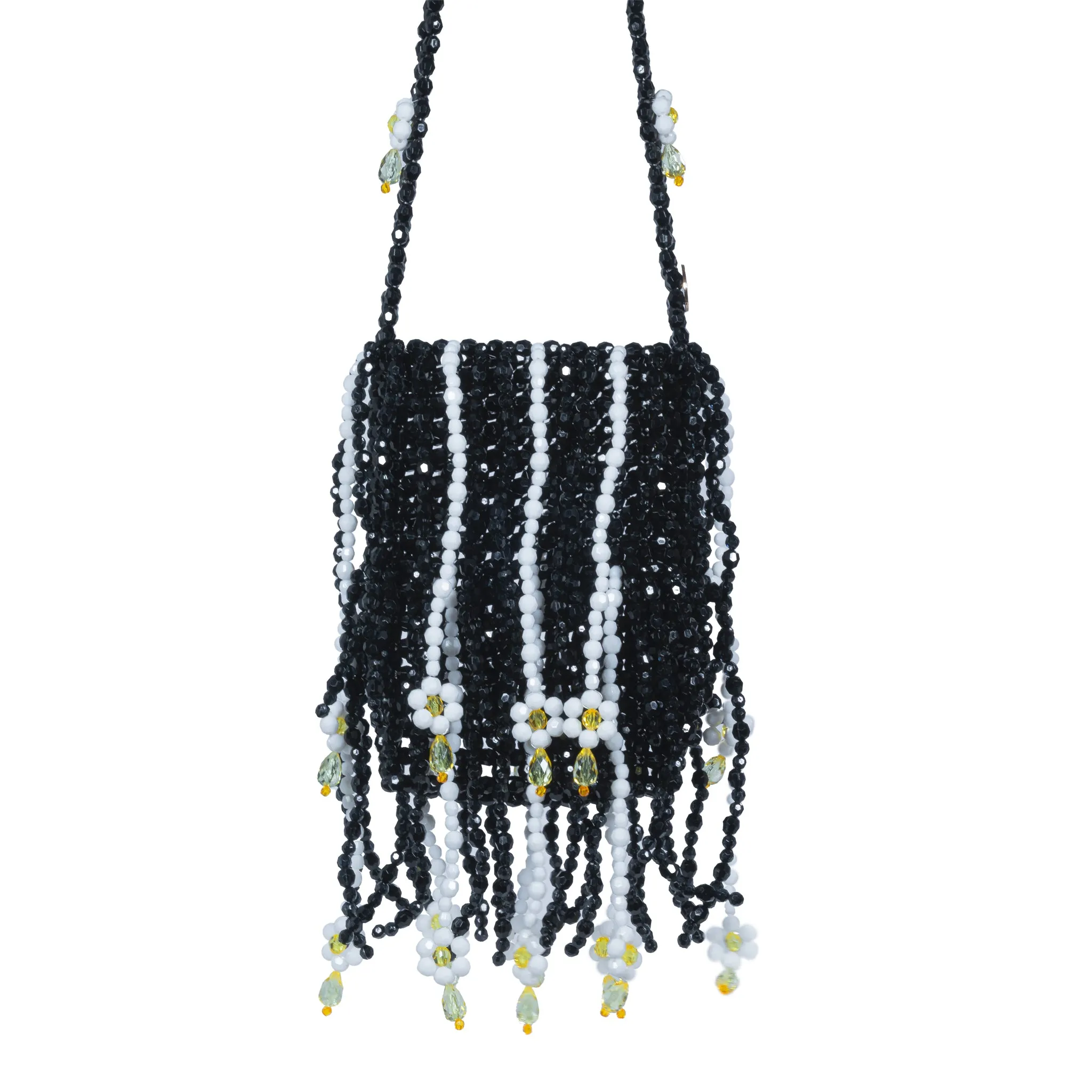 Black and White Beaded Daisy Detailed Crossbody Bead Bag