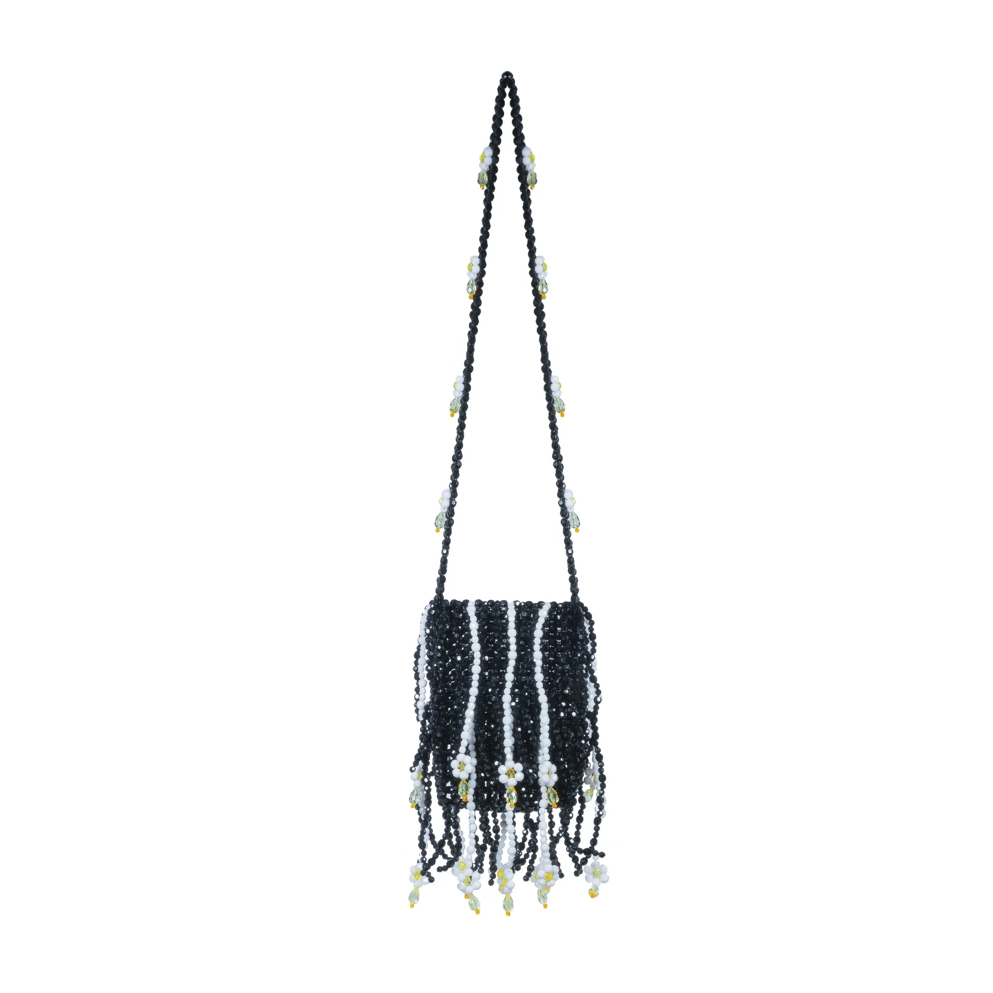 Black and White Beaded Daisy Detailed Crossbody Bead Bag