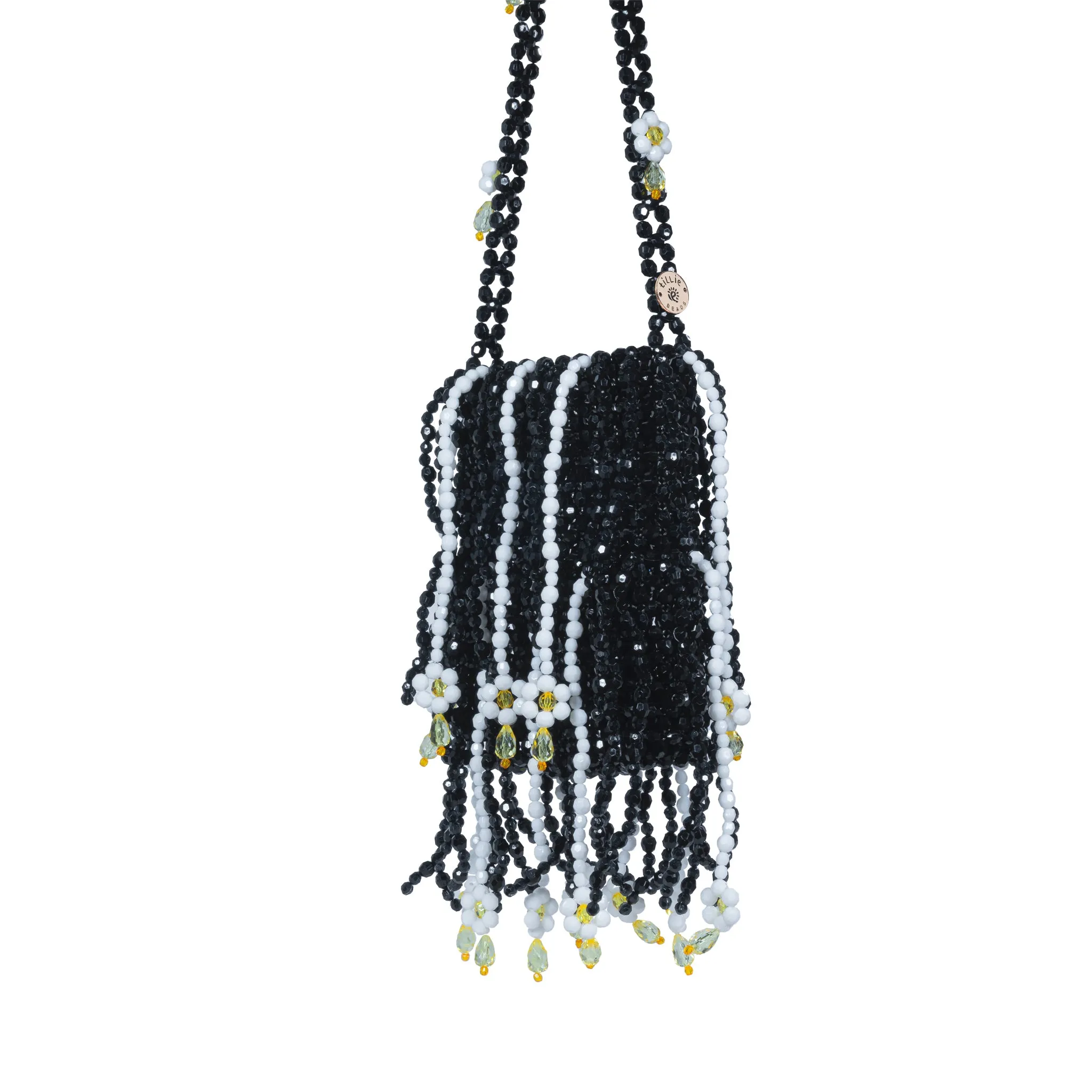 Black and White Beaded Daisy Detailed Crossbody Bead Bag