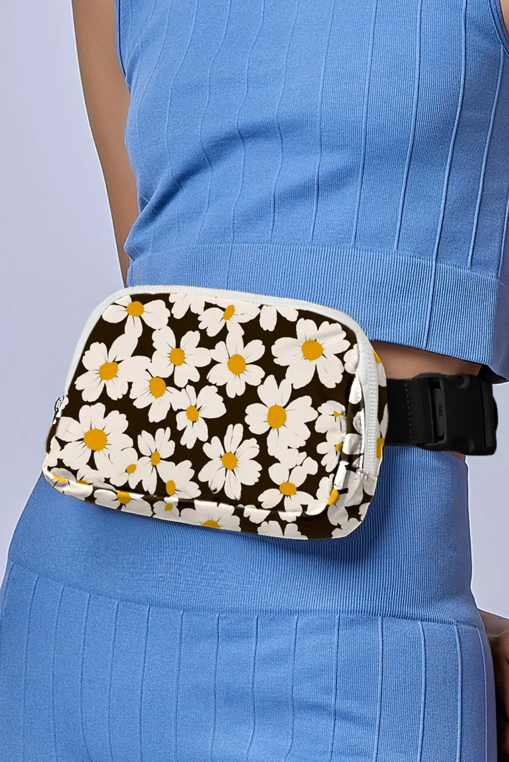Black Daisy Printed Buckle Strap Crossbody Bag