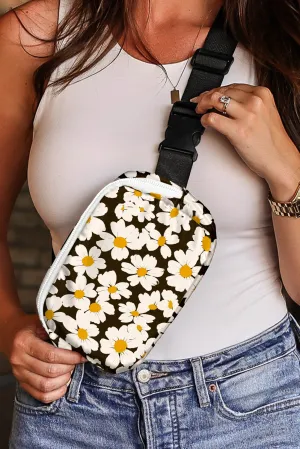 Black Daisy Printed Buckle Strap Crossbody Bag
