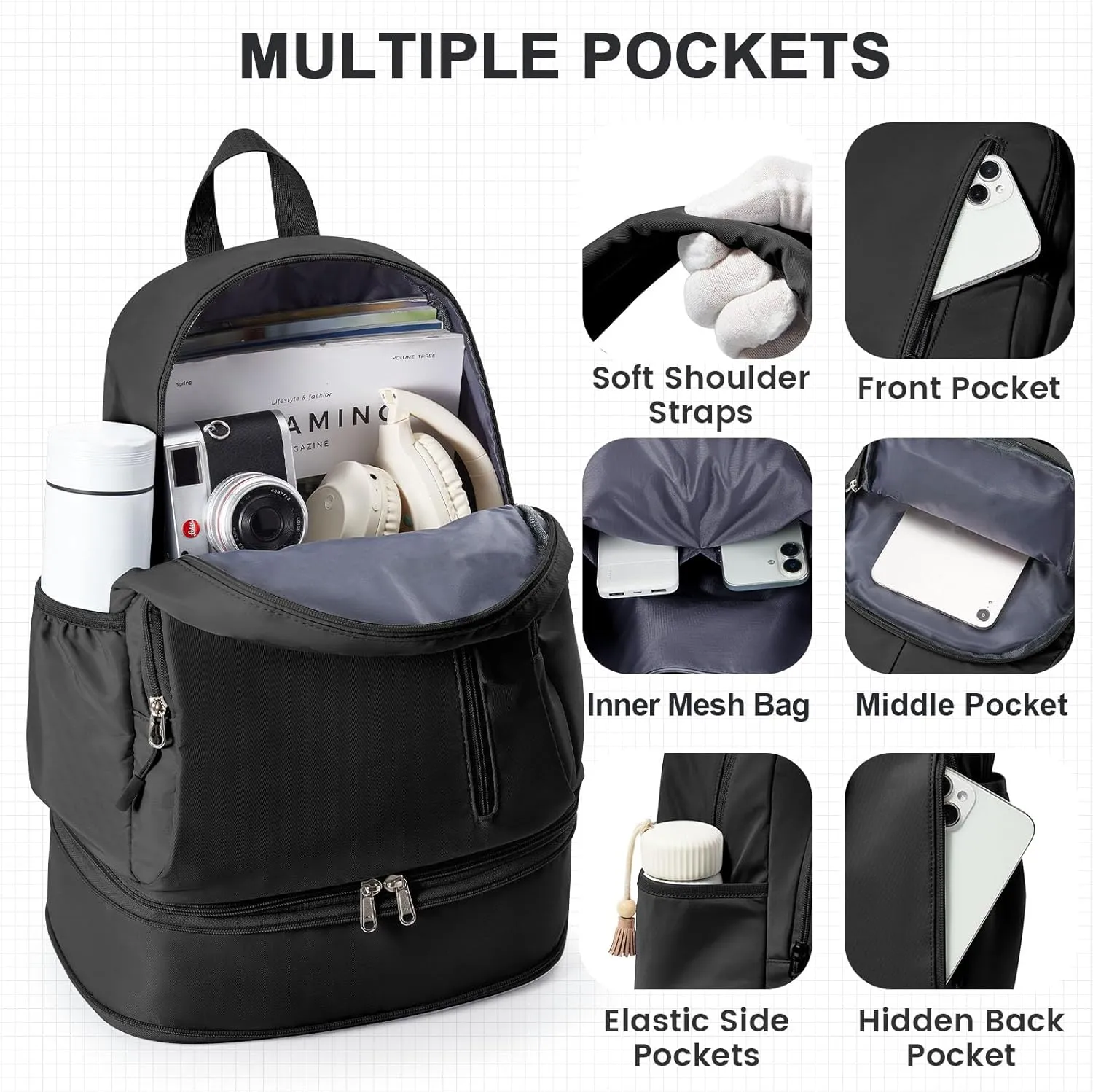 Black Gym Backpack for Women Men Backpack With Shoe Compartment Lightweight Travel Backpacks Sports Back pack For Yoga Fitness Beach Hiking Sports