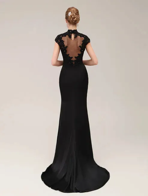 Black Lace Applique Short Sleeves Mermaid Evening Dress
