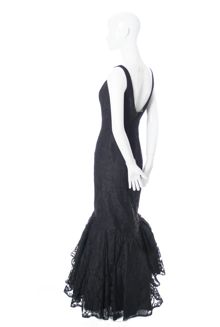 Black Lace Curvaceous Full Length Mermaid Style Vintage Dress SOLD