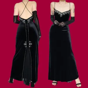 Black velvet gem detail evening dress UK 14