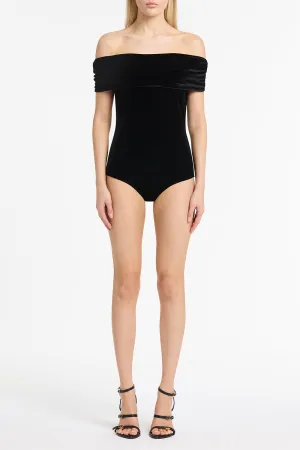 BLACK VELVET OFF SHOULDER BODYSUIT