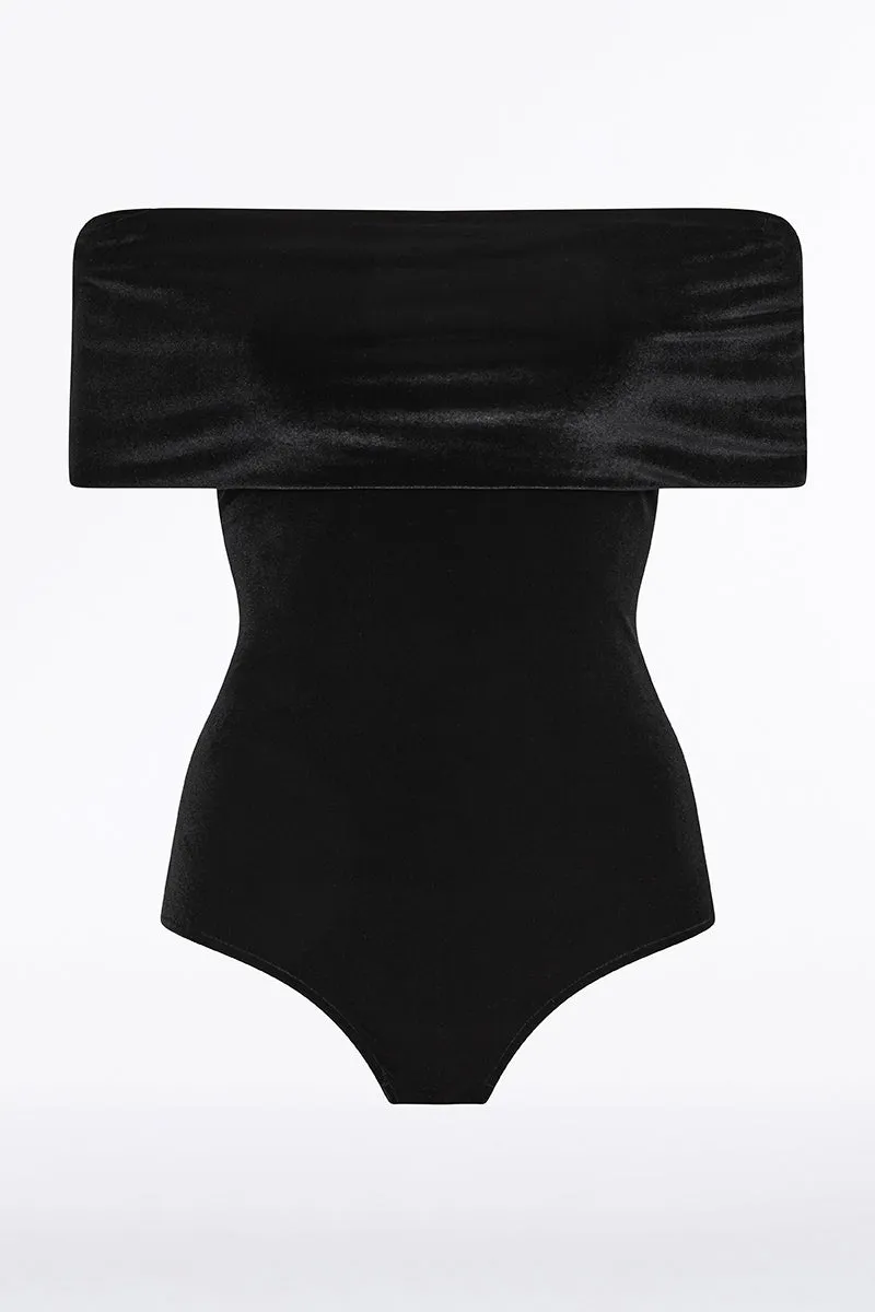 BLACK VELVET OFF SHOULDER BODYSUIT
