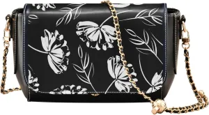 Black White Flower Outline Crossbody Purses for Women Black Women Leather Shoulder Bag Phone Handbag with Chain Strap