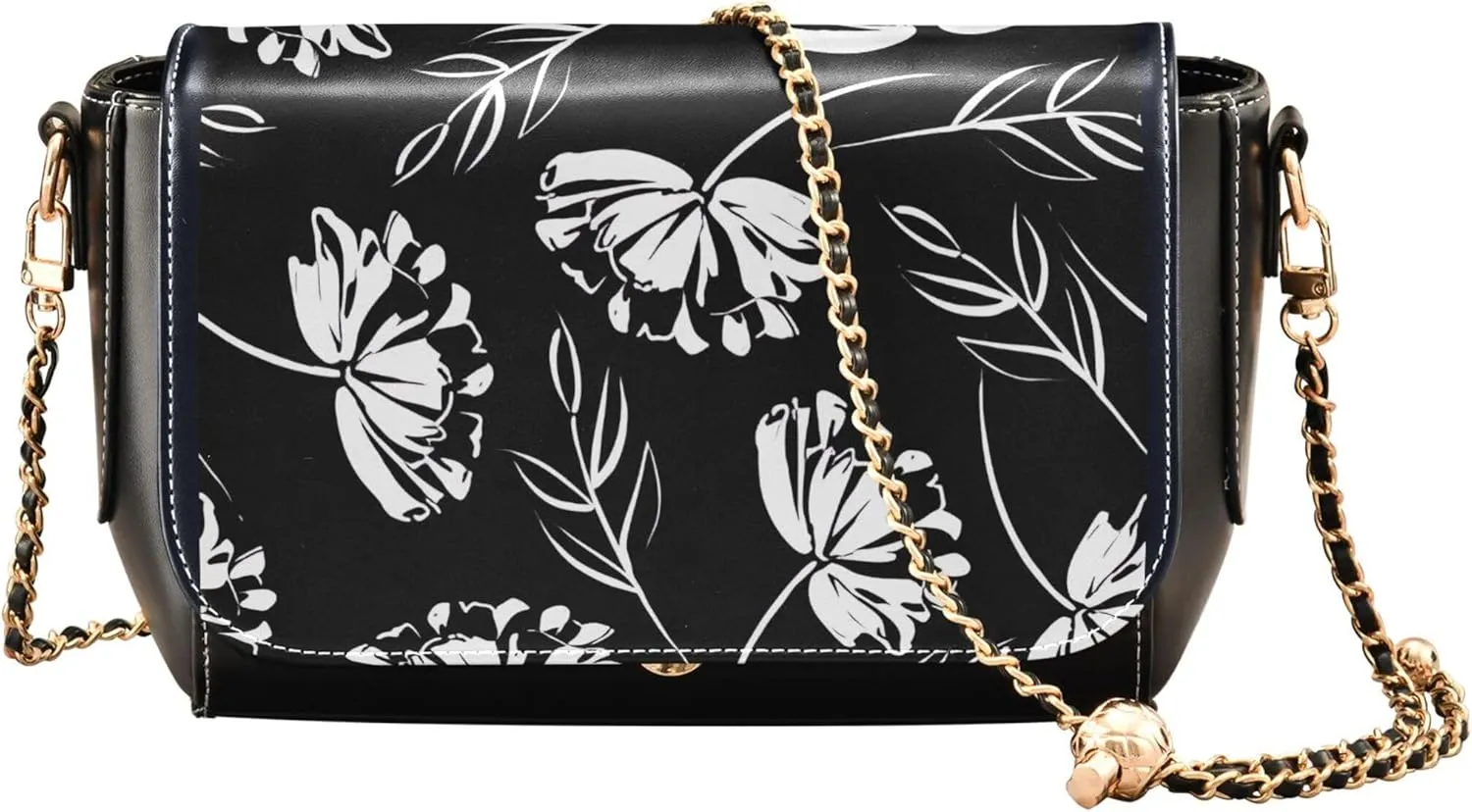Black White Flower Outline Crossbody Purses for Women Black Women Leather Shoulder Bag Phone Handbag with Chain Strap