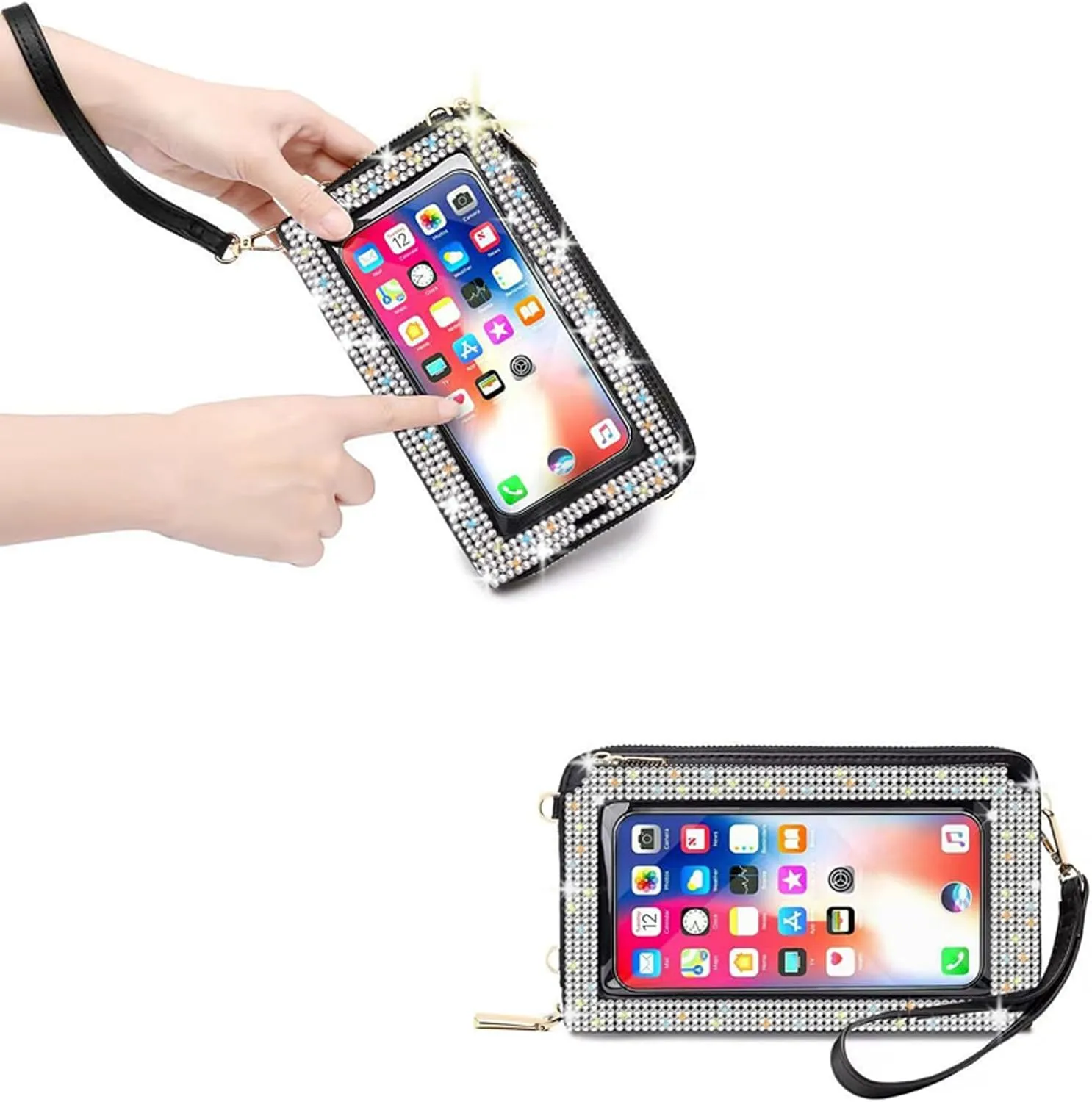 Bling Rhinestone RFID Blocking Touch Screen Phone Bag Womens Wallet Wristlet Clutch Large Capacity Card Phone Holder
