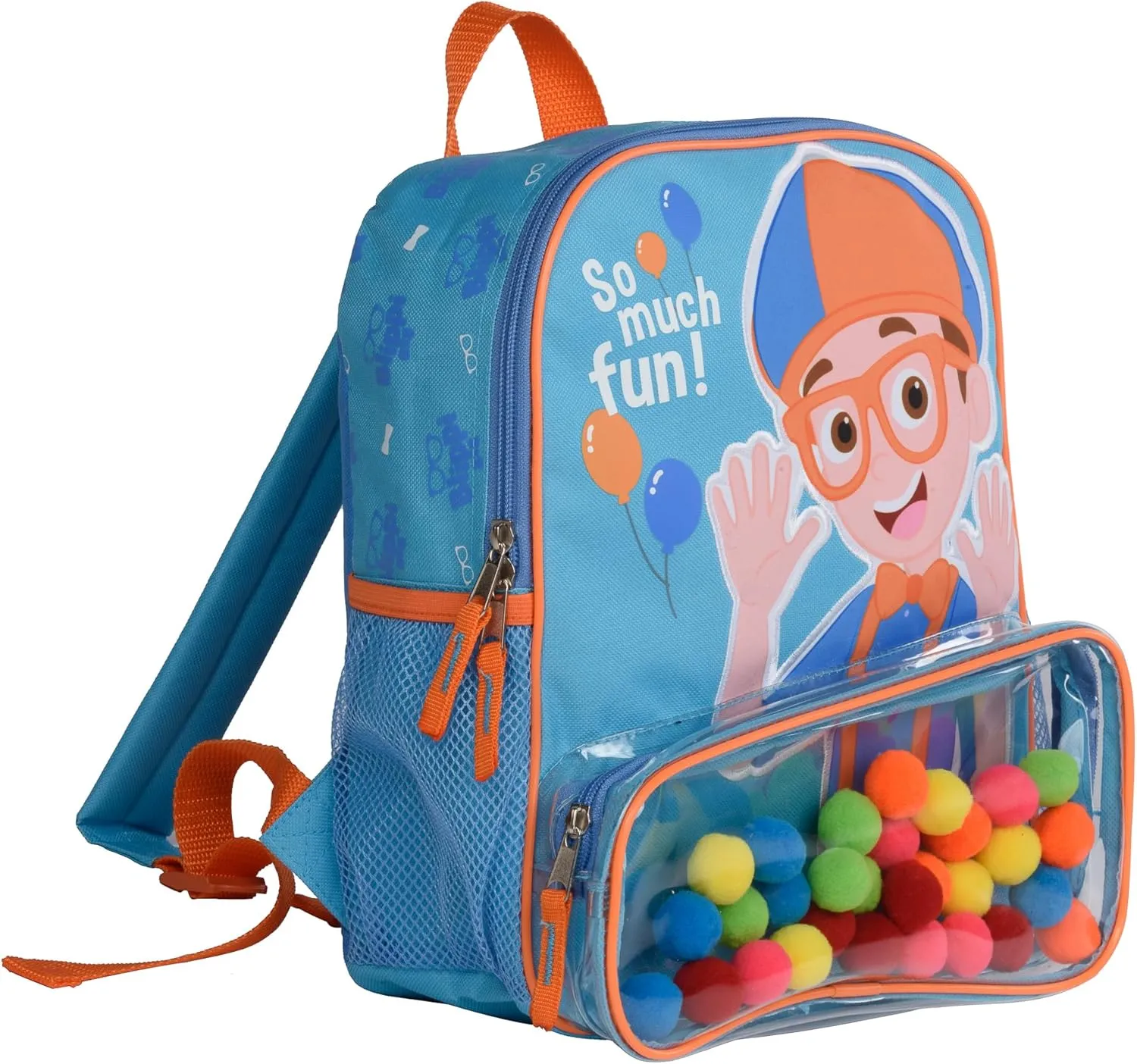 Blippi Backpack with Sound for Boys and Girls, Clear Front Pocket and Mesh Side Pockets, Toddler’s Schoolbag with Padded Back and Adjustable Straps, Versatile Day Pack for Kids, Blue and Orange