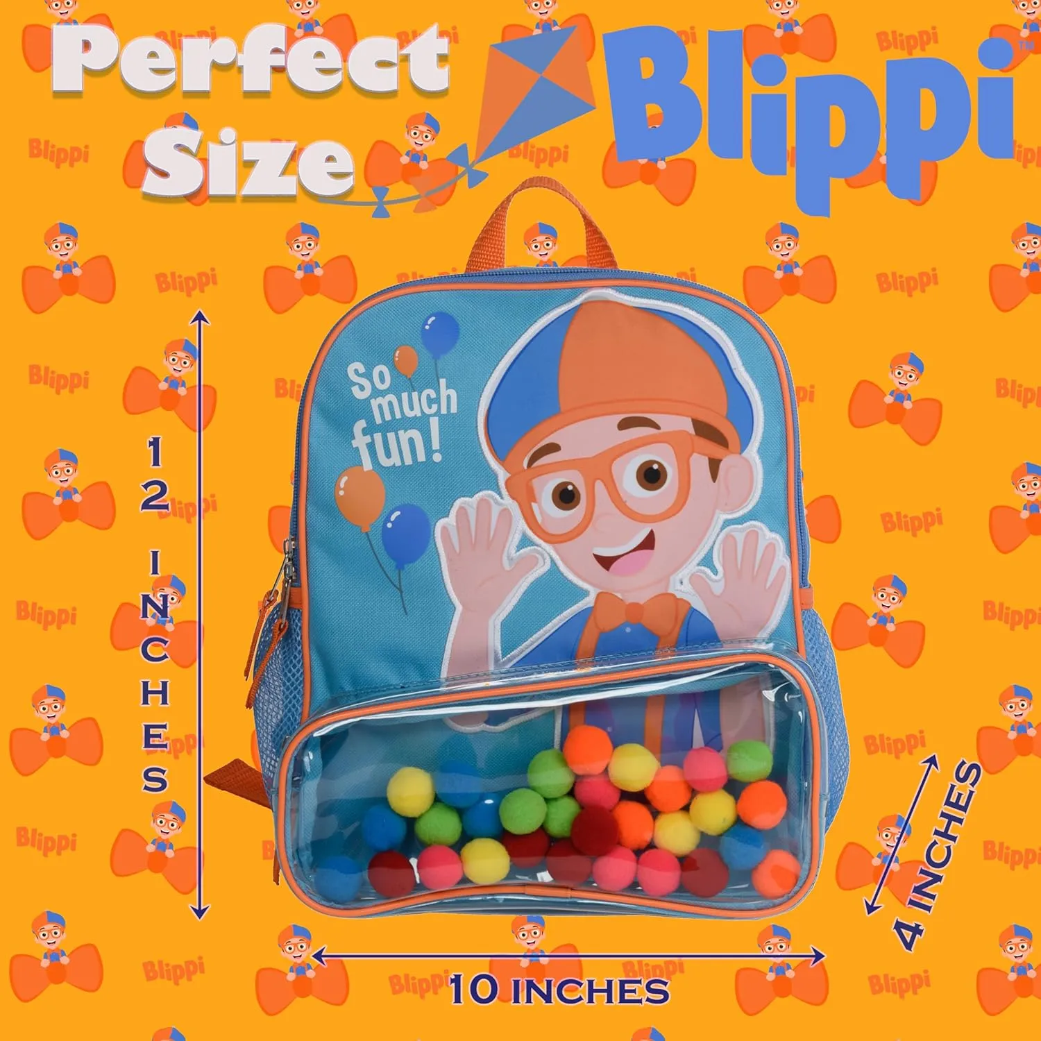 Blippi Backpack with Sound for Boys and Girls, Clear Front Pocket and Mesh Side Pockets, Toddler’s Schoolbag with Padded Back and Adjustable Straps, Versatile Day Pack for Kids, Blue and Orange