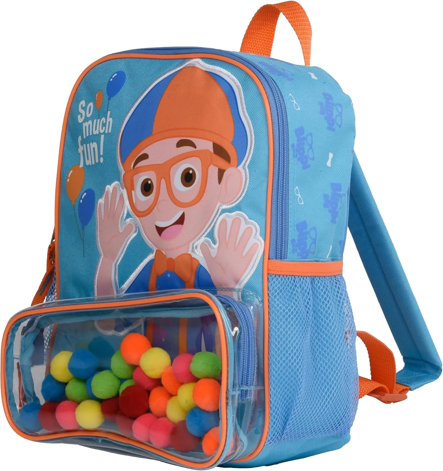 Blippi Backpack with Sound for Boys and Girls, Clear Front Pocket and Mesh Side Pockets, Toddler’s Schoolbag with Padded Back and Adjustable Straps, Versatile Day Pack for Kids, Blue and Orange