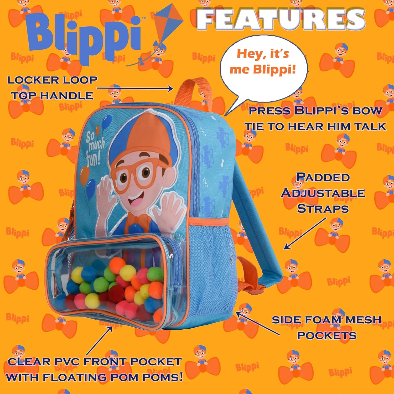 Blippi Backpack with Sound for Boys and Girls, Clear Front Pocket and Mesh Side Pockets, Toddler’s Schoolbag with Padded Back and Adjustable Straps, Versatile Day Pack for Kids, Blue and Orange