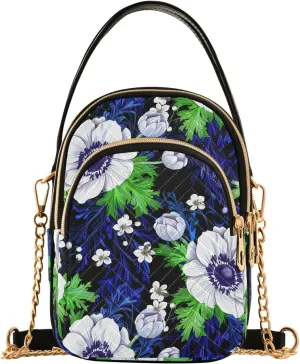 Blossom Foliage Floral Black Multi Pockets Crossbody Bags for Women Zip Cell Phone Purse Wallet Bag with Detachable Shoulder Strap Cross Body Handbag for Gift Traveling Shopping Women Girls Trendy