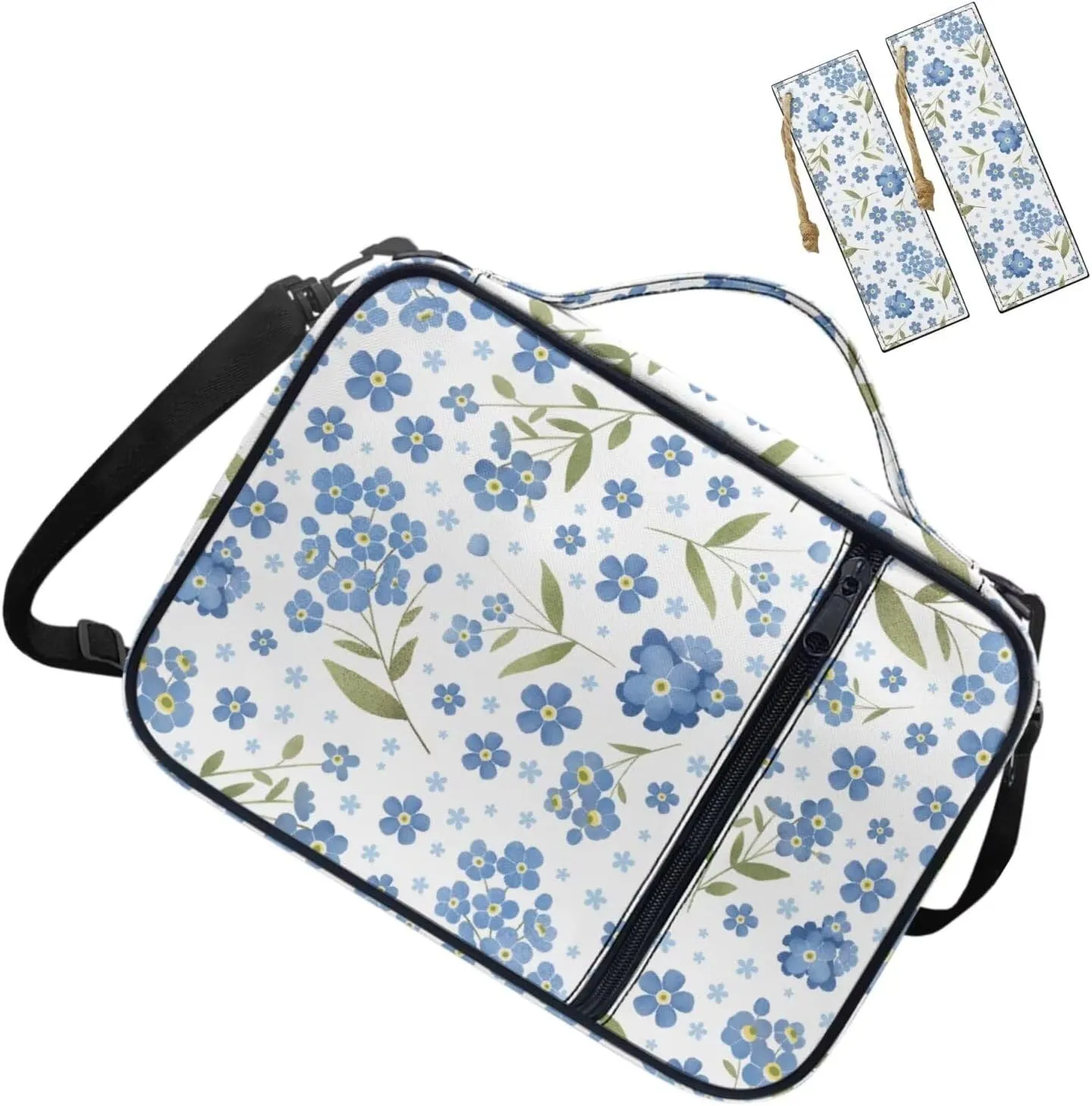 Blue Floral Bible Carrying Case for Women for Standard and Large Size Study Bible with 2 Bookmarks Girls Lightweight Church Crossbody Bag with Pen Slots and Zippered Pocket