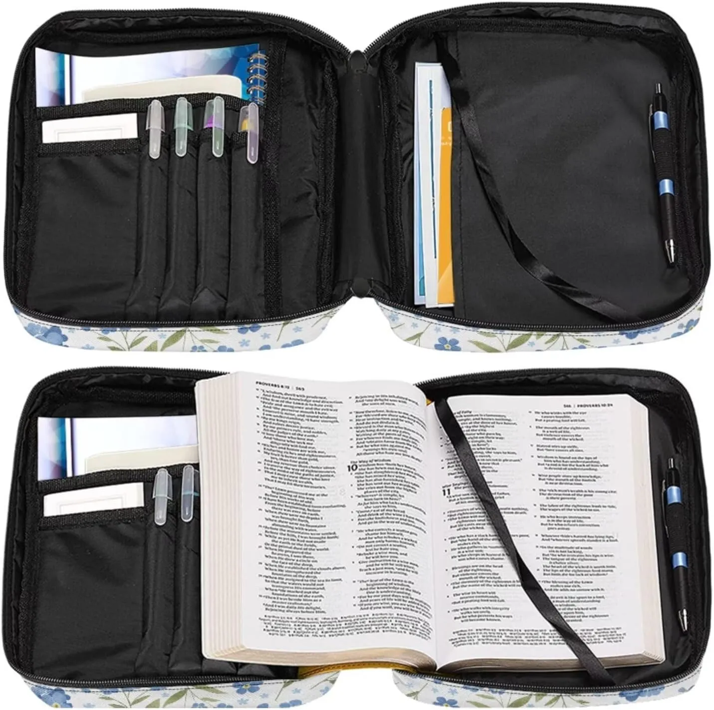 Blue Floral Bible Carrying Case for Women for Standard and Large Size Study Bible with 2 Bookmarks Girls Lightweight Church Crossbody Bag with Pen Slots and Zippered Pocket