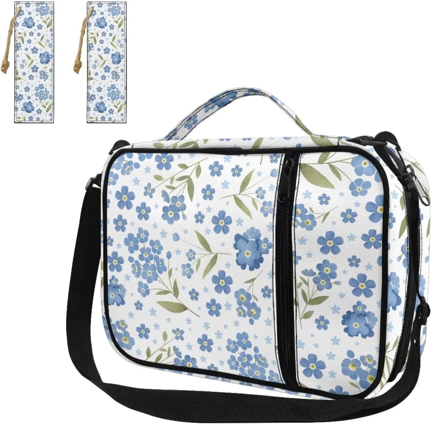 Blue Floral Bible Carrying Case for Women for Standard and Large Size Study Bible with 2 Bookmarks Girls Lightweight Church Crossbody Bag with Pen Slots and Zippered Pocket