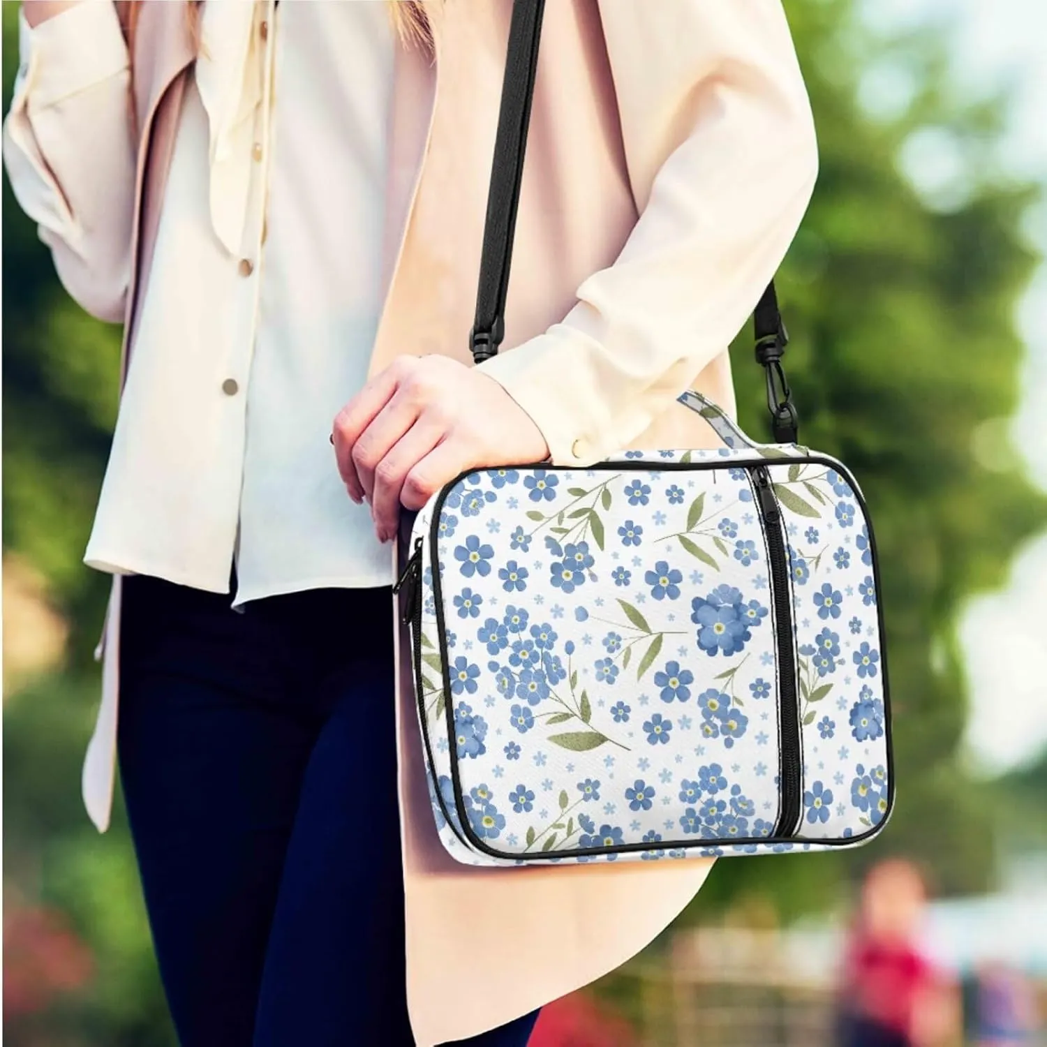 Blue Floral Bible Carrying Case for Women for Standard and Large Size Study Bible with 2 Bookmarks Girls Lightweight Church Crossbody Bag with Pen Slots and Zippered Pocket