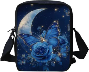 Blue Floral Butterfly Small Crossbody Bags for Women Cell Phone Purse Portable Messenger Bag for Travel Work Lightweight Shoulder Crossbody Pouch