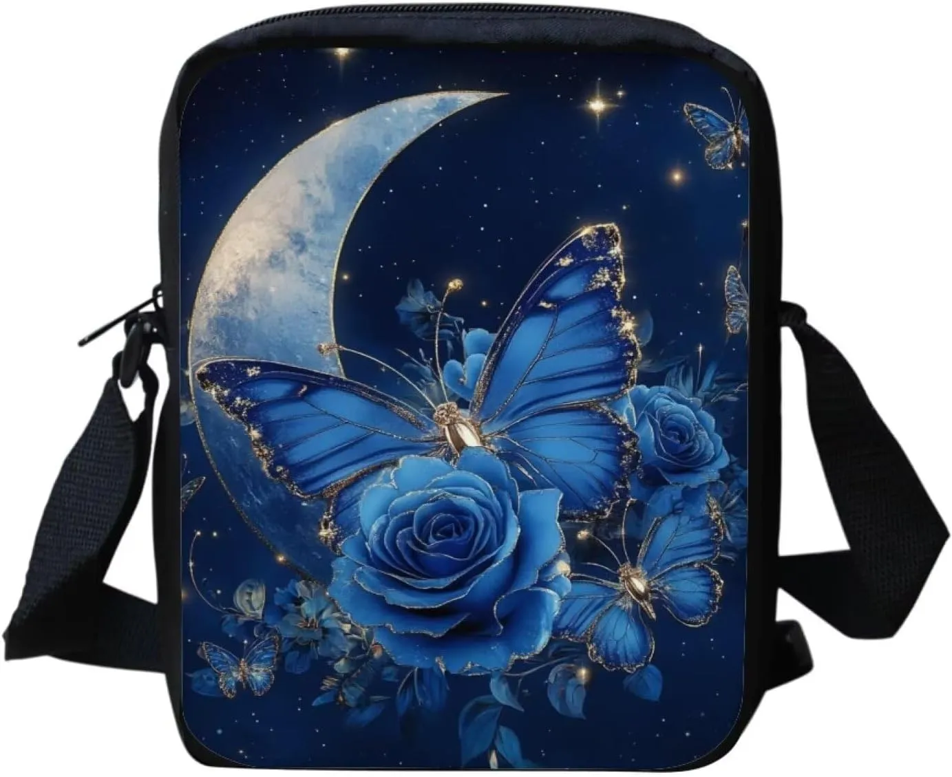 Blue Floral Butterfly Small Crossbody Bags for Women Cell Phone Purse Portable Messenger Bag for Travel Work Lightweight Shoulder Crossbody Pouch