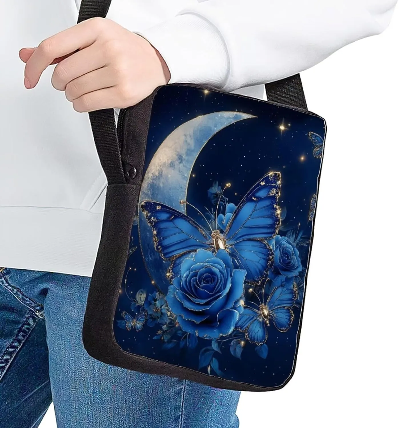 Blue Floral Butterfly Small Crossbody Bags for Women Cell Phone Purse Portable Messenger Bag for Travel Work Lightweight Shoulder Crossbody Pouch