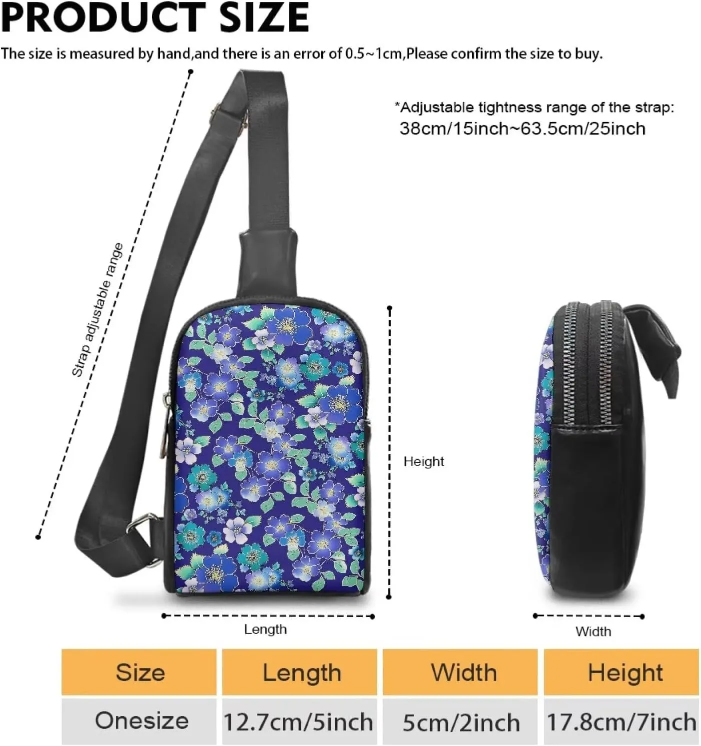 Blue Floral Small Sling Bag for Women, Small Flowers PU Leather Cross Body Fanny Pack Purse, Navy Blue Travel Sling Purse with Adjustable Strap