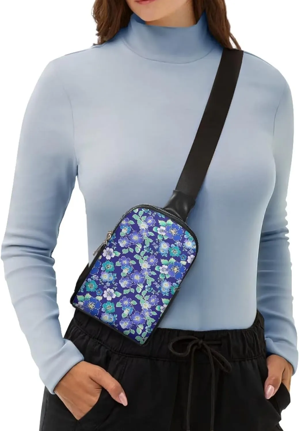 Blue Floral Small Sling Bag for Women, Small Flowers PU Leather Cross Body Fanny Pack Purse, Navy Blue Travel Sling Purse with Adjustable Strap