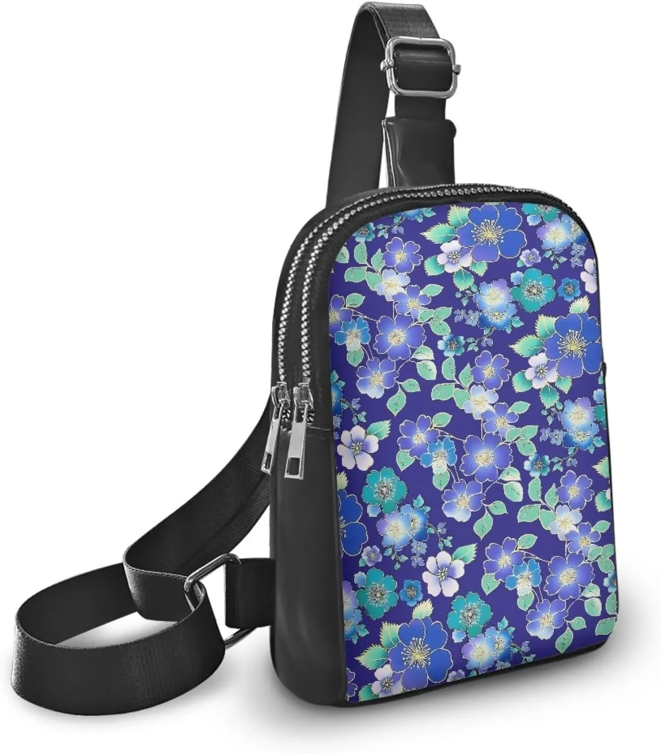 Blue Floral Small Sling Bag for Women, Small Flowers PU Leather Cross Body Fanny Pack Purse, Navy Blue Travel Sling Purse with Adjustable Strap