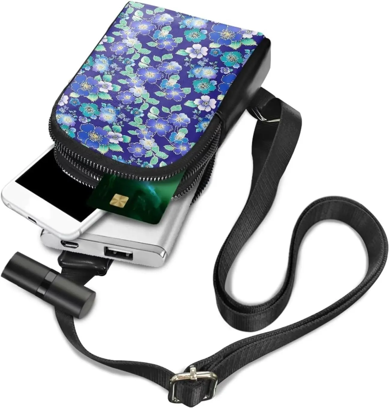 Blue Floral Small Sling Bag for Women, Small Flowers PU Leather Cross Body Fanny Pack Purse, Navy Blue Travel Sling Purse with Adjustable Strap