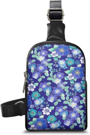 Blue Floral Small Sling Bag for Women, Small Flowers PU Leather Cross Body Fanny Pack Purse, Navy Blue Travel Sling Purse with Adjustable Strap