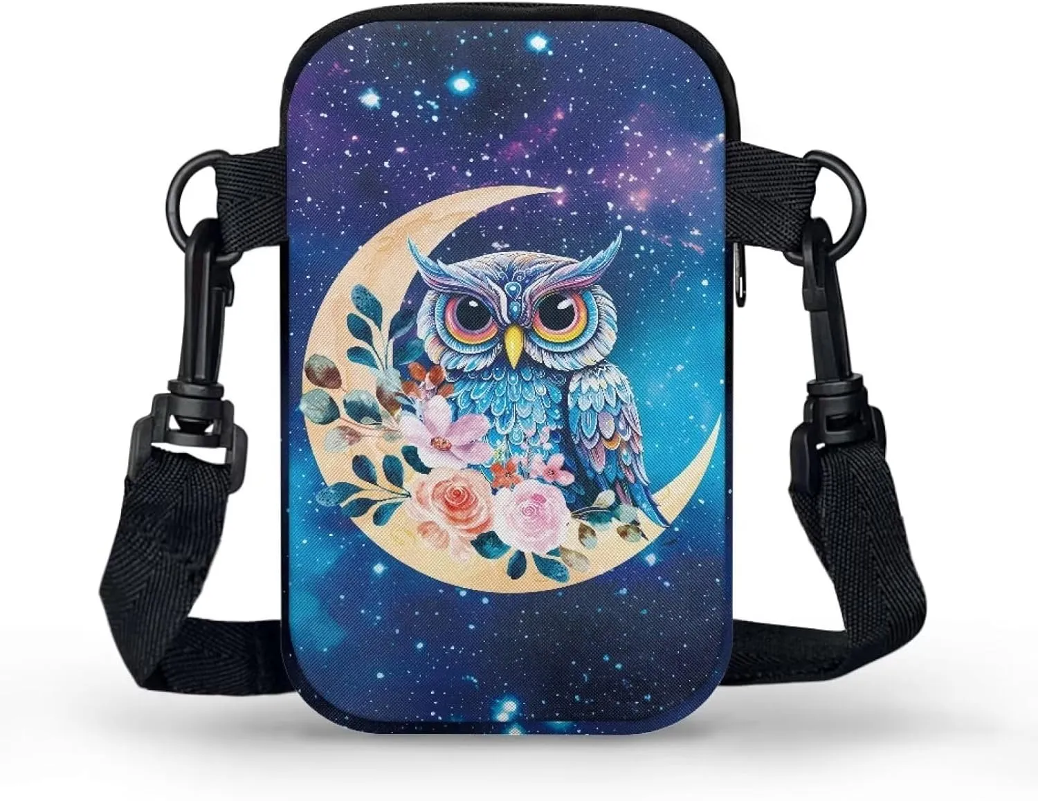 Blue Owl Moon Floral Print Crossbody Bag, Small Sling Bag Detachable Cross Body Bag Sport Wallet Purse Case for Little Girls Boys Kids
