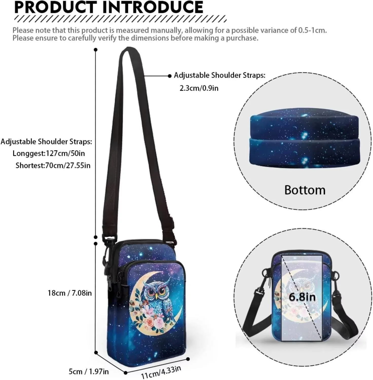 Blue Owl Moon Floral Print Crossbody Bag, Small Sling Bag Detachable Cross Body Bag Sport Wallet Purse Case for Little Girls Boys Kids