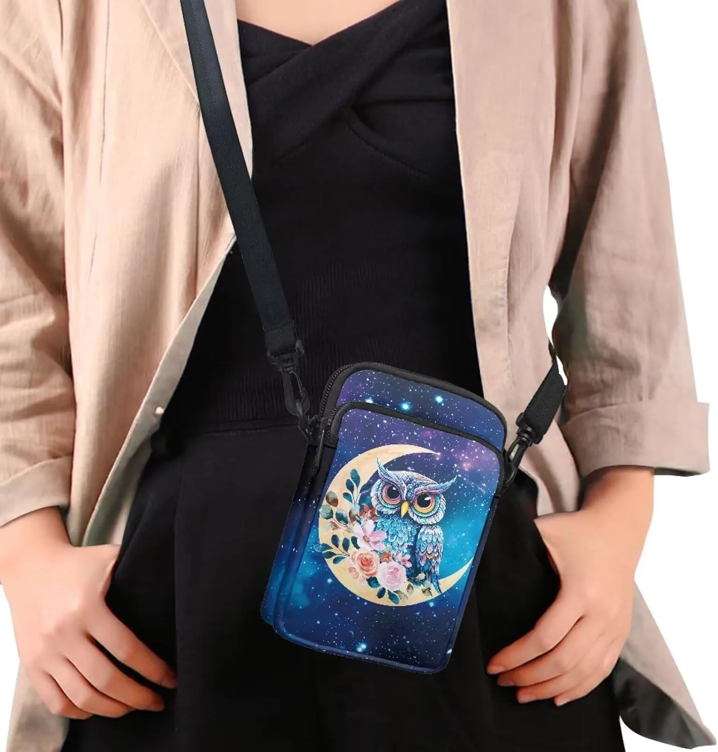 Blue Owl Moon Floral Print Crossbody Bag, Small Sling Bag Detachable Cross Body Bag Sport Wallet Purse Case for Little Girls Boys Kids