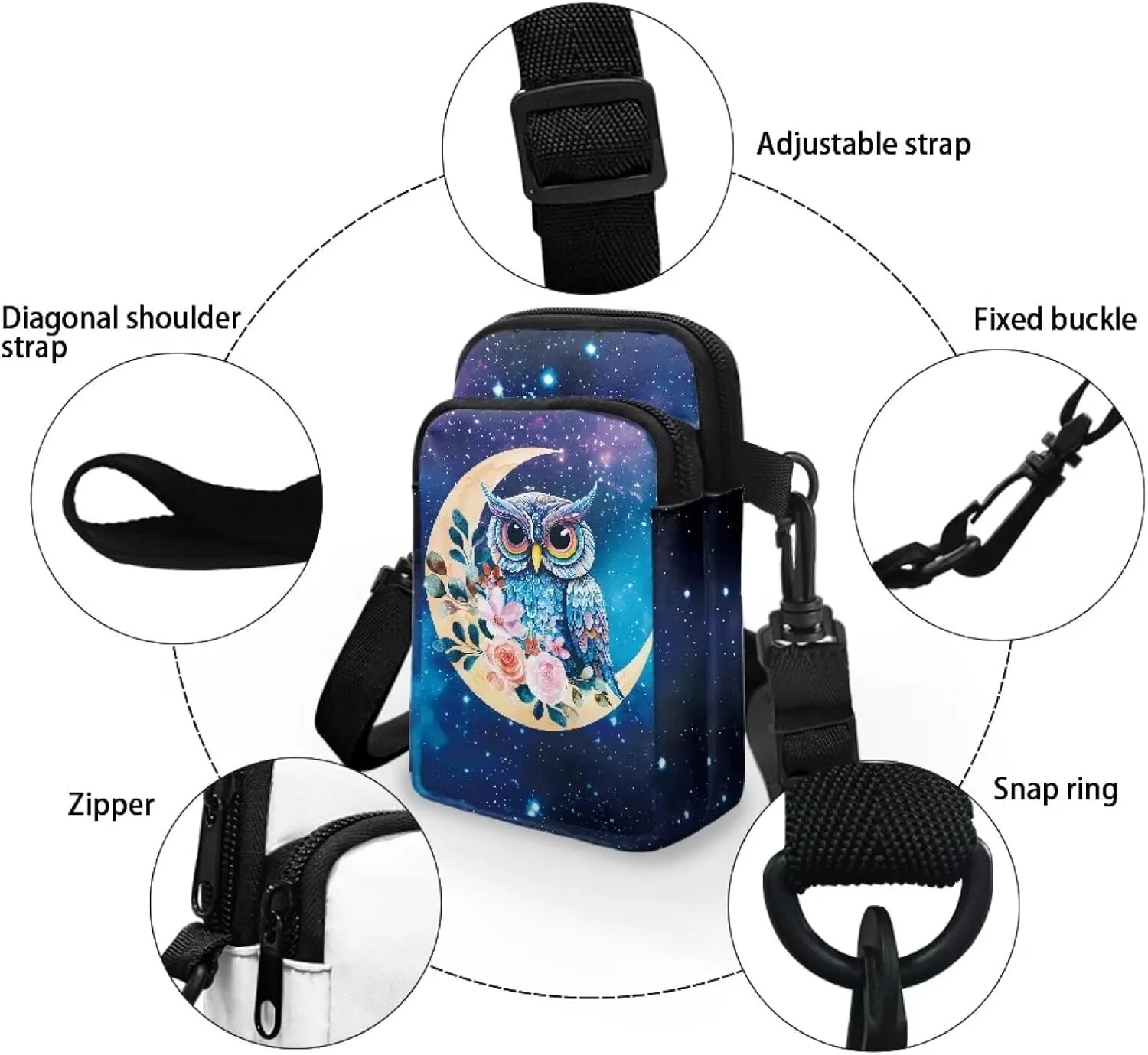 Blue Owl Moon Floral Print Crossbody Bag, Small Sling Bag Detachable Cross Body Bag Sport Wallet Purse Case for Little Girls Boys Kids